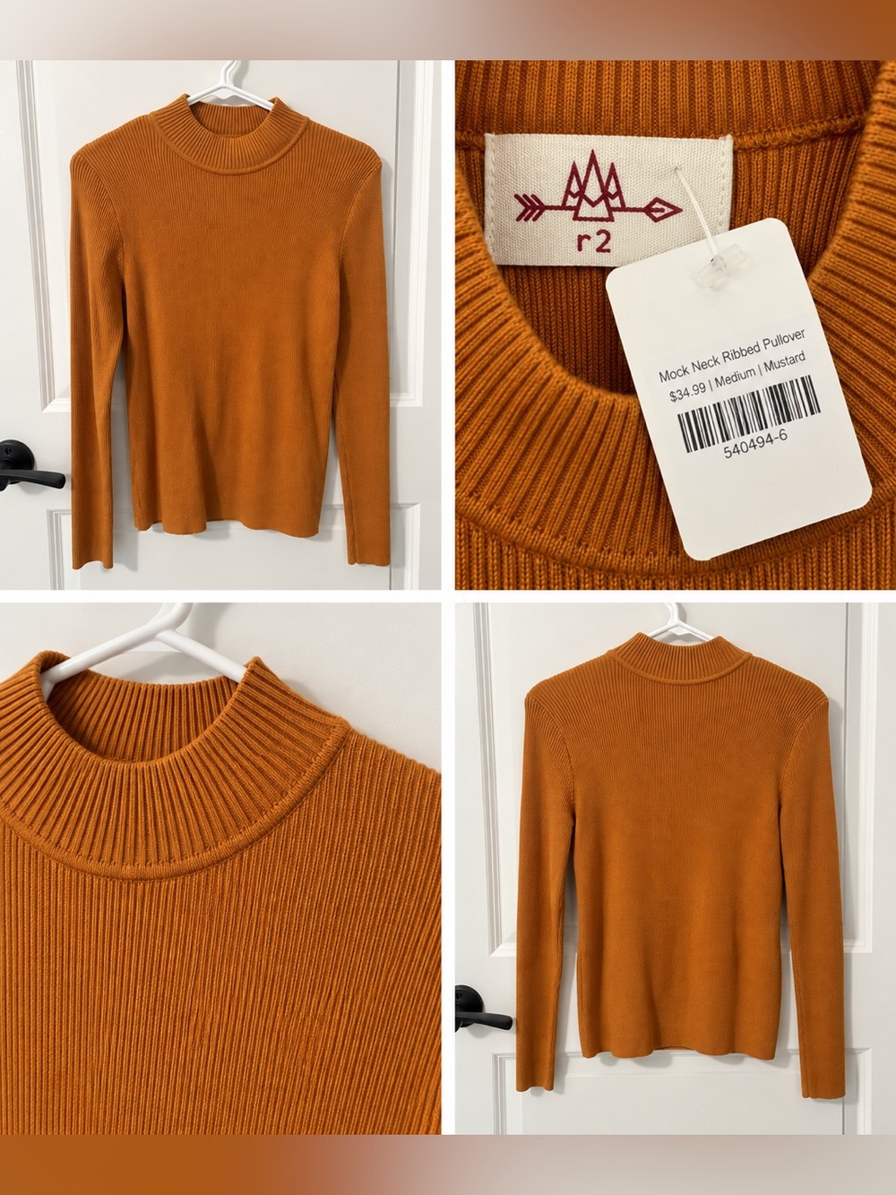 r2 Mock Neck Ribbed Pullover Sweater in Mustard